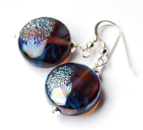 These beautiful earrings have been made using artisan lampwork beads that have many wonderful colours that catch the light