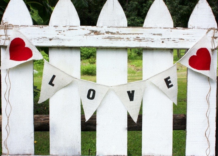 Love burlap banner with red hearts