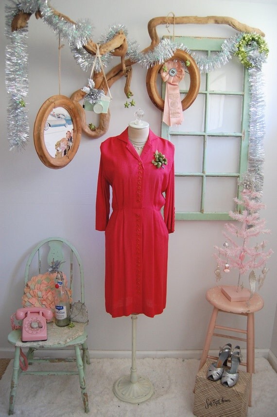 The Ingrid- Vintage 1940s Cliff Macklin Red Button Front Cocktail Party Dress Size 4 6 Medium M