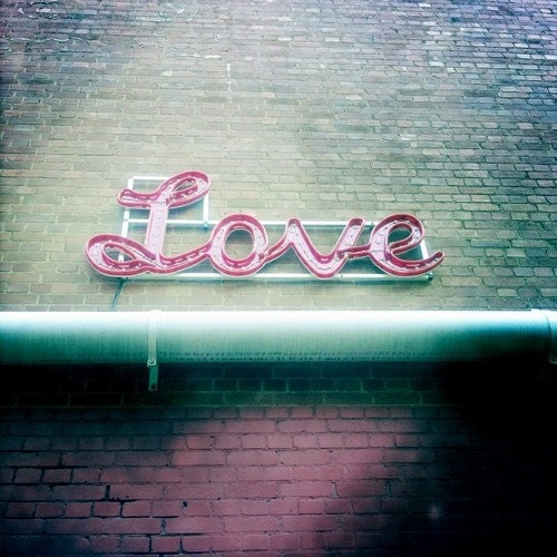 Love Sign Photography 4 x 4 Fine Art Photo Print Pink Green Urban Brick Wall