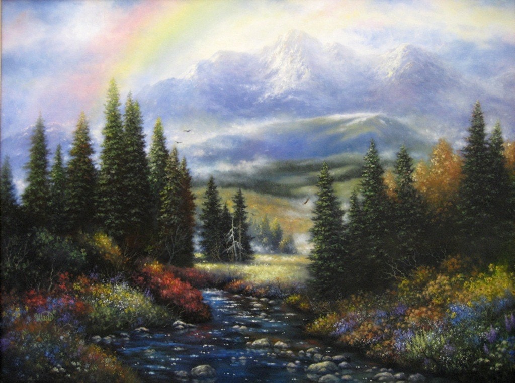 Land of Promise 40X30 original oil painting mountains and rainbow