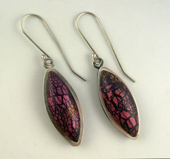 Earrings, Polymer Clay, Crackled, Cranberry, Black