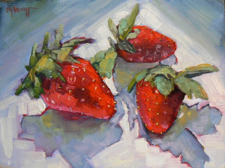 Strawberries and Shadows, 6x8, Original Oil, CarolSchiffStudio on Etsy