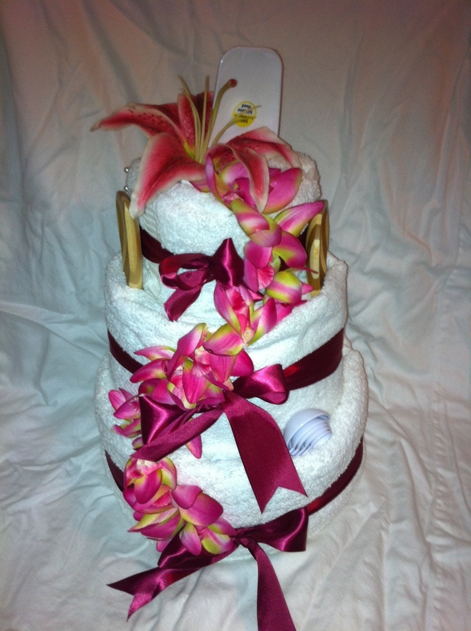 Wedding Towel Cake- Magenta Orchids/Lily