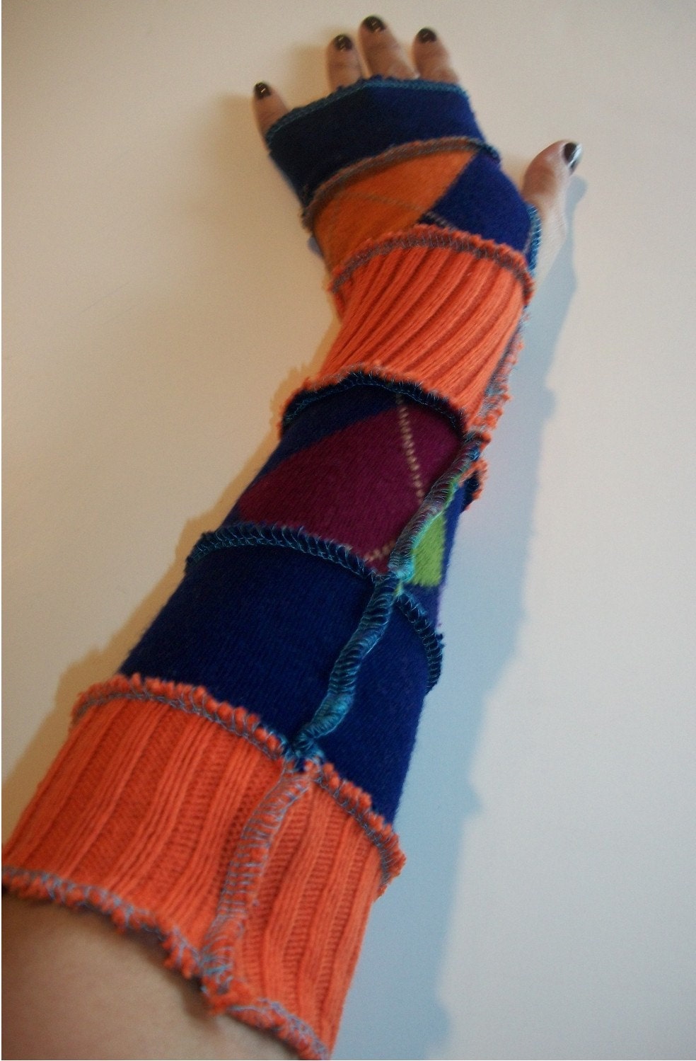 Harry and the Hippie Chic RECYCLED Upcycled ooak Reconstructed Arm Warmers Long Blue and Orange Argyle Combo