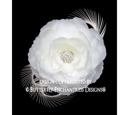 HOLIDAY SALE Rhinestone Diamond White English Rose Flower & Feather Hair Clip