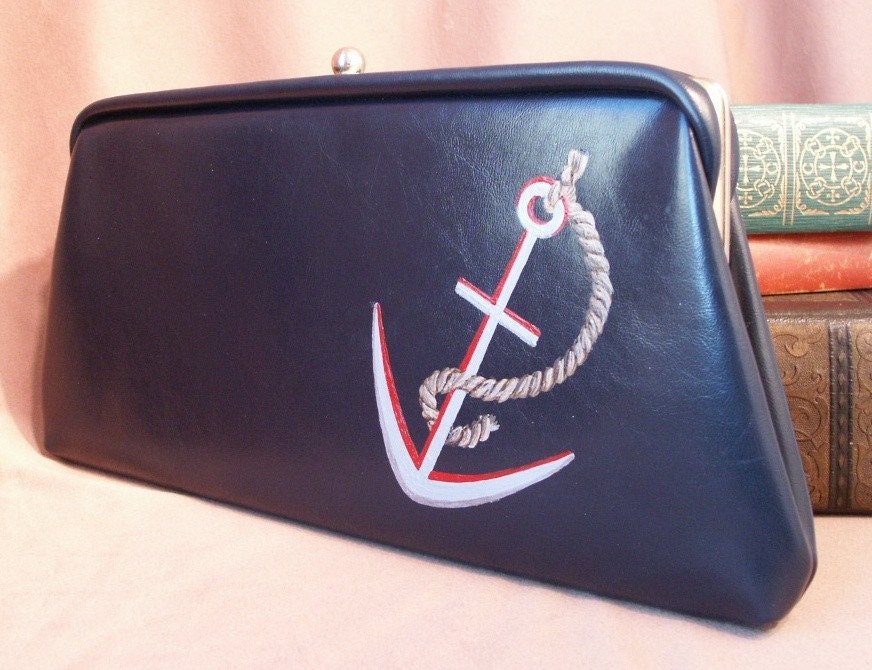 HAND PAINTED Navy Blue Vintage Clutch Purse with ANCHOR Tattoo Inspired 