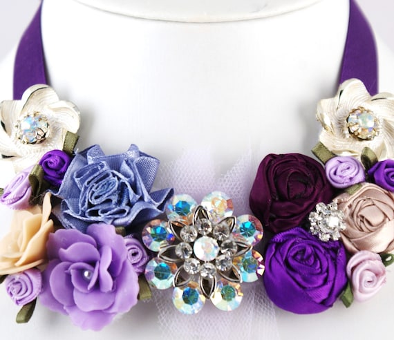 ON SALE- Satin Dream - Floral Statement Necklace with Vintage Brooches, Handmade Satin and Clay  Flowers