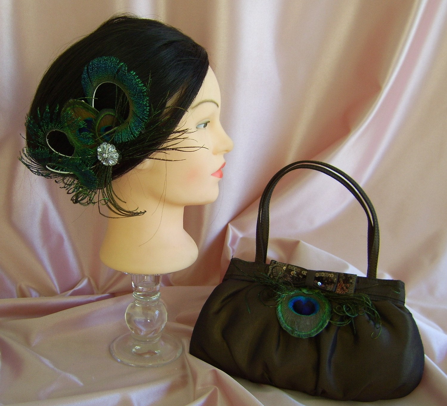 Peacock Feathers Wedding Accessories and Chocolate Brown Bridal Purse and Fascinator Set