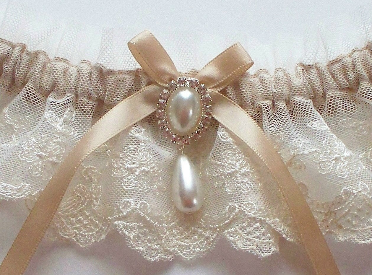 Champagne and Pearls MEREDITH Vintage Appeal Garter in Ivory Net Lace with Satin Ribbon Bow Topped by Pearl and Crystal Detail
