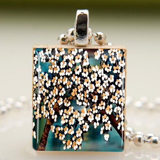 Japanese Blossoms Scrabble Tile Pendant with Necklace (466)