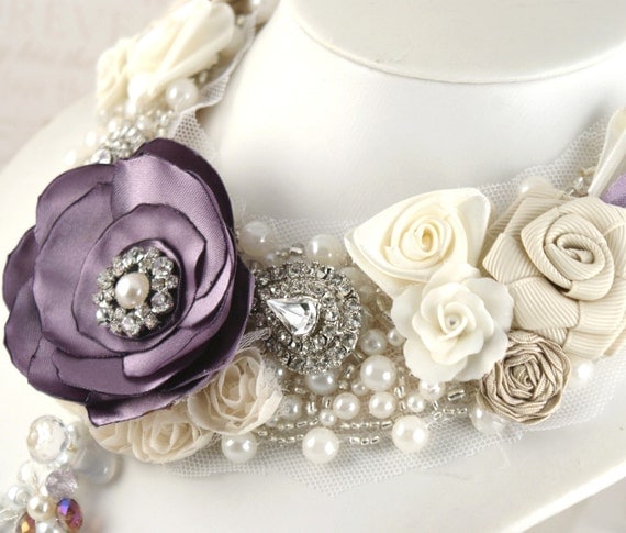 ON SALE-Alexandra - Floral Statement Bib Necklace with Satin Flowers, Czech Pearls, Repurposed Vintage Brooches, Rock Quartz and Mystic Quartz