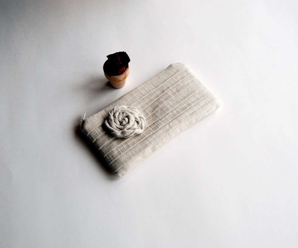 On Sale 15% OFF-Romantic Rose pleats in white-creme natural zippered pouch, purse, clutch by Lolos