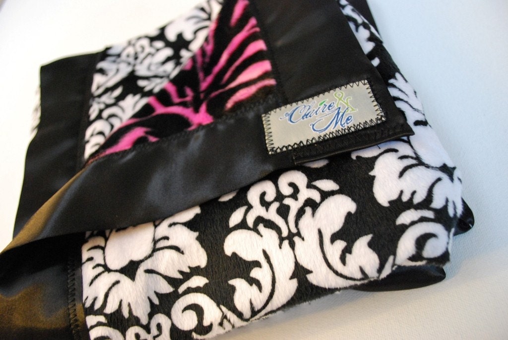 Minky Luxury Pink Rocker Zebra and Black and White Damask Luxury Baby Blanket