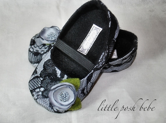 Handmade Baby Toddler Shoes Lydia Black Lace/ Silver  Mary Janes