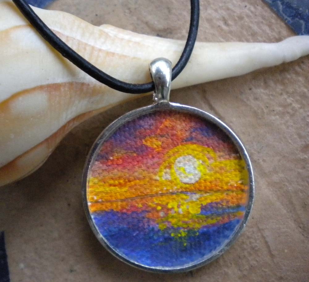 Sunset necklace handpainted tiny canvas on pendant