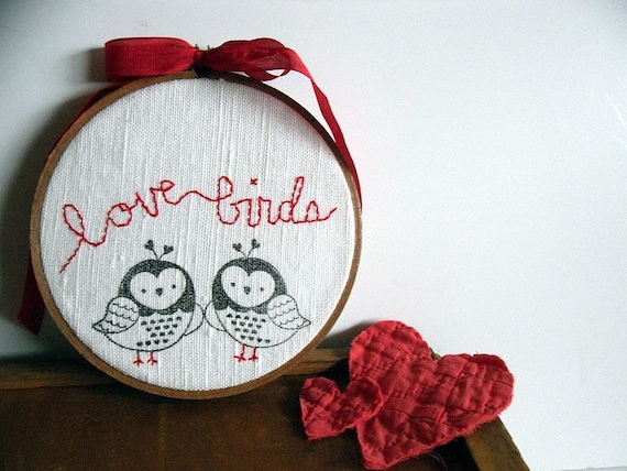 Valentines Day Love Birds Upcycled Linen Hoop - Great Gift Idea by TheCareerScrapper on Etsy