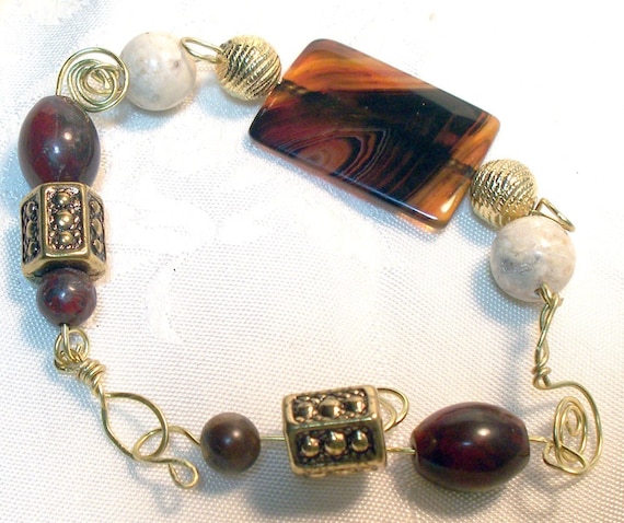 Chocolate Brown and Vanilla White Jasper Wire Wrapped Bracelet