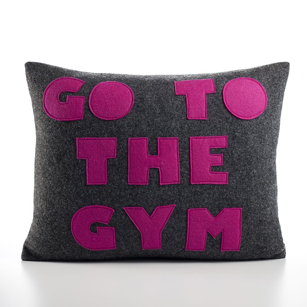 GO TO the GYM Felt Applique Pillow 14x18 inch charcoal and fuchsia