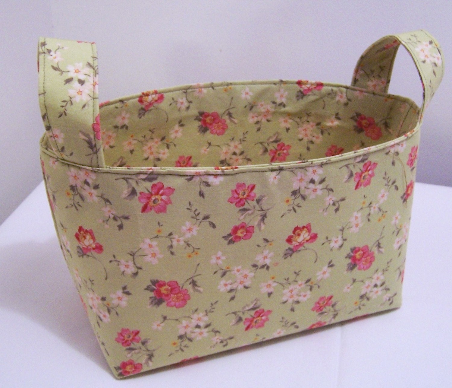 fabric bin basket sage green pink and white flowers