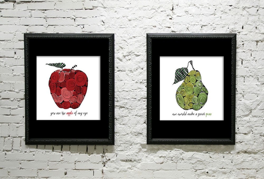 Swirly Pear and Apple Combo SET / 2 square 8x8 Prints / Kitchen duo prints