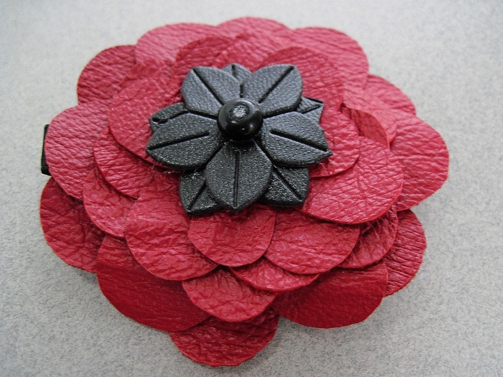 Black & Red poppy reclaimed leather flower hair clip by Lori Ramotar theroyalbead