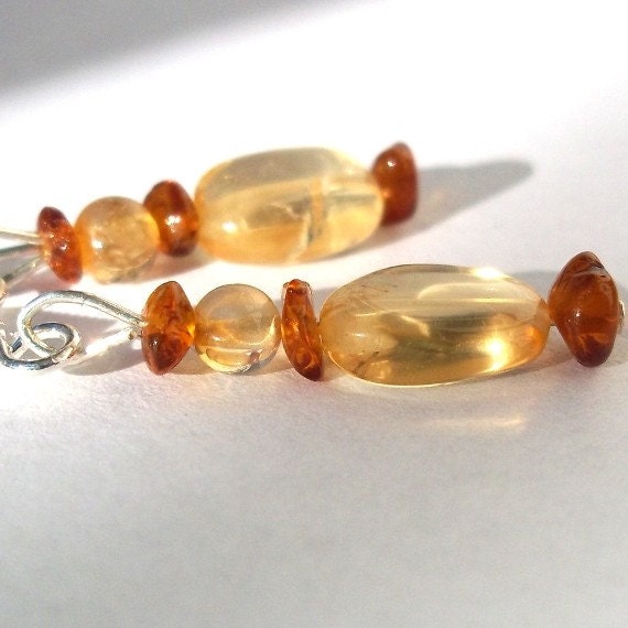 925 Sterling Silver Earrings - Amber & Citrine - Free Shipping