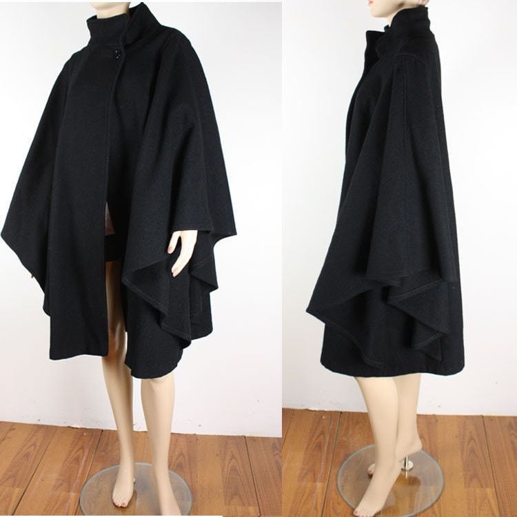 Vintage 80s Black Batwing Wool Cape Coat