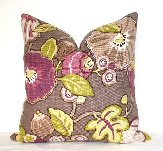 Set of Two - Decorative Pillow Covers - P Kaufmann - Floral - 17x17 inches - Chartreuse - Mauve - Plum - Throw Pillows - Sofa Pillows