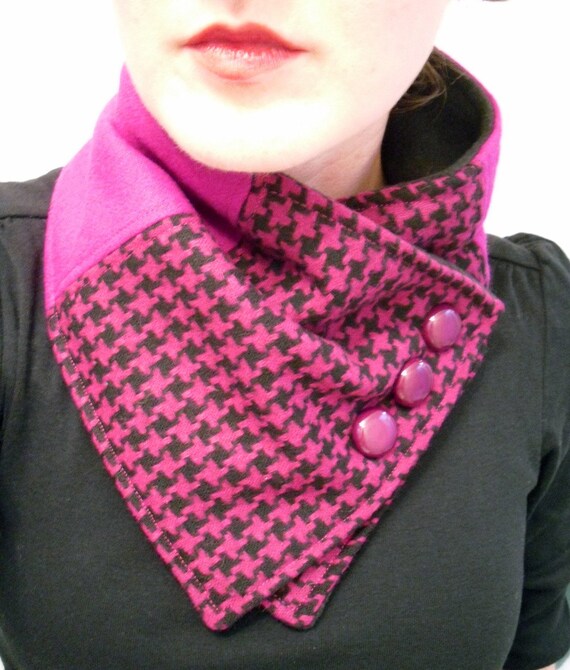 Fuschia Pink and Black Upcycled Neckwarmer Scarf with Purple Buttons