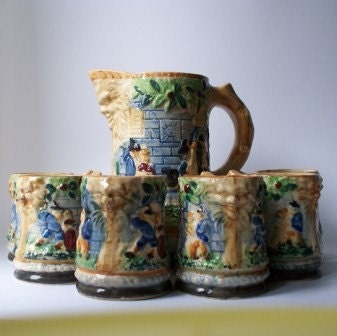 AID for ANIMALS in JAPAN -Vintage Mid Century Kitsch - Love in the Spring - Pitcher and Mugs - Made in Japan