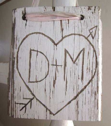 Personalized Heart Hand Carved on Old White Rustic Reclaimed Wood