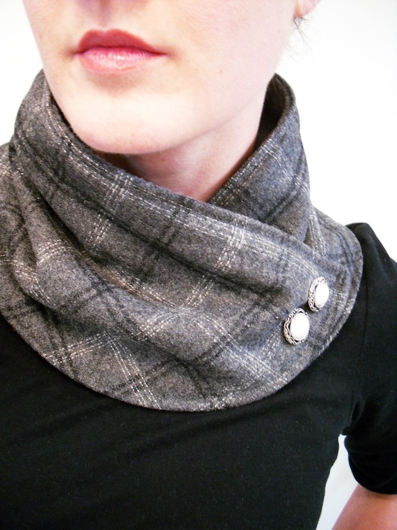 Charcoal Gray Plaid Neckwarmer Scarf with Choice of Buttons