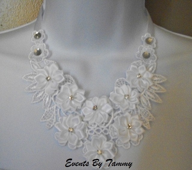White Floral Venise Lace Bib Necklace With 3D Ribbon Roses and Rhinestones