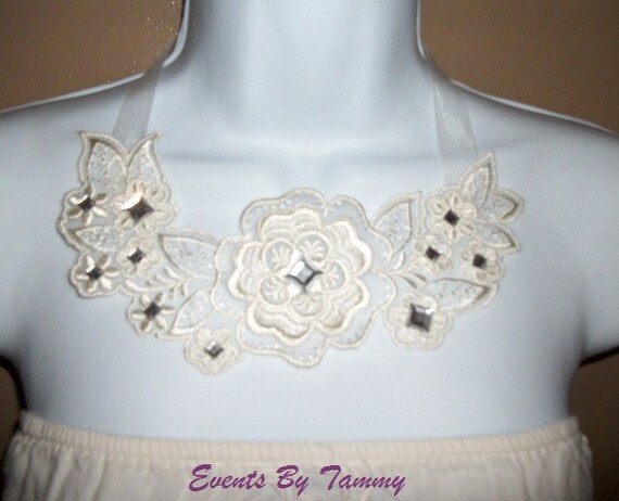 Ivory Floral Organza Bib Necklace With Diamond Shaped Rhinestones