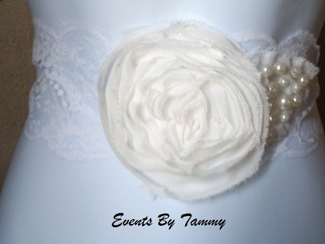 Vintage Inspired White Lace and Cream Oraganza Flower With Pearls Bridal Sash