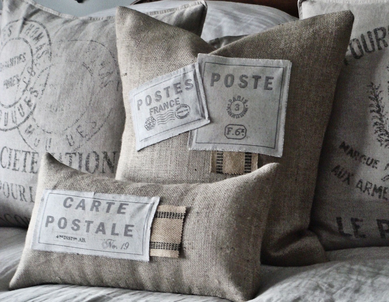 Set of two Burlap and Canvas Patch Pillow Slips