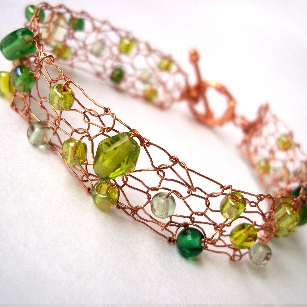 Copper Bracelet - Green Glass - Serpentine Mermaid - Free Shipping