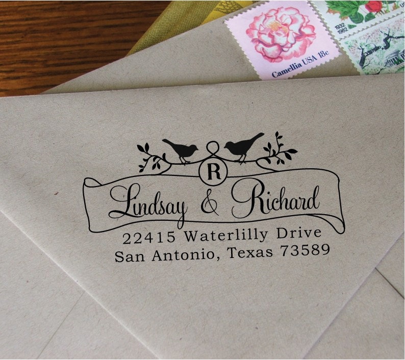 Your Custom Wood Handle Address Stamp -  cute wedding or Housewarming gift - Bird & Banner