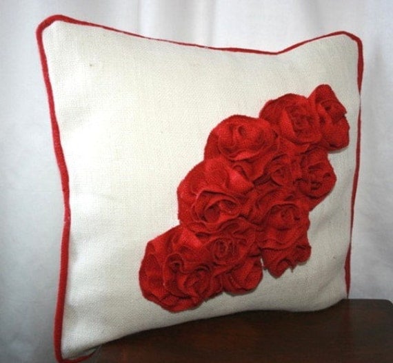 Bouquet of rose burlap pillow with red piping 20x20