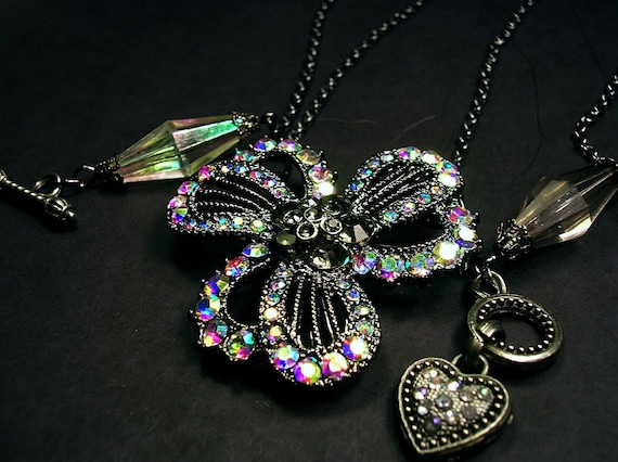 Vintage Inspired 1920's era irisdescent glass jeweled pendant and brooch.