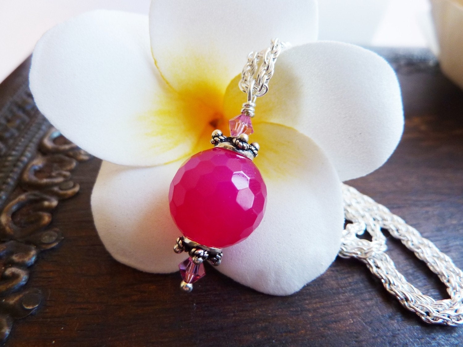 Flood Relief Appeal - Hot Pink Agate & Swarovski Crystal Pendant Necklace