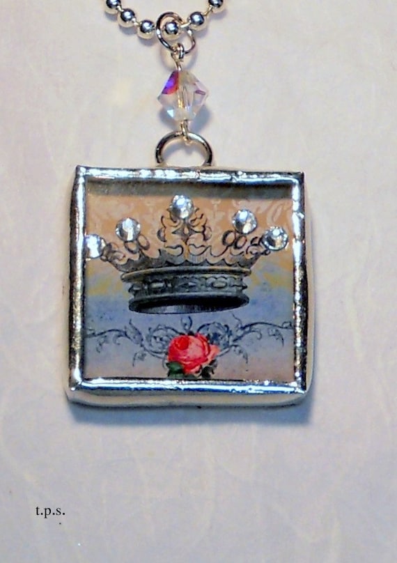 Princess Crown soldered glass pendant shadow box with glass swarovski crystal