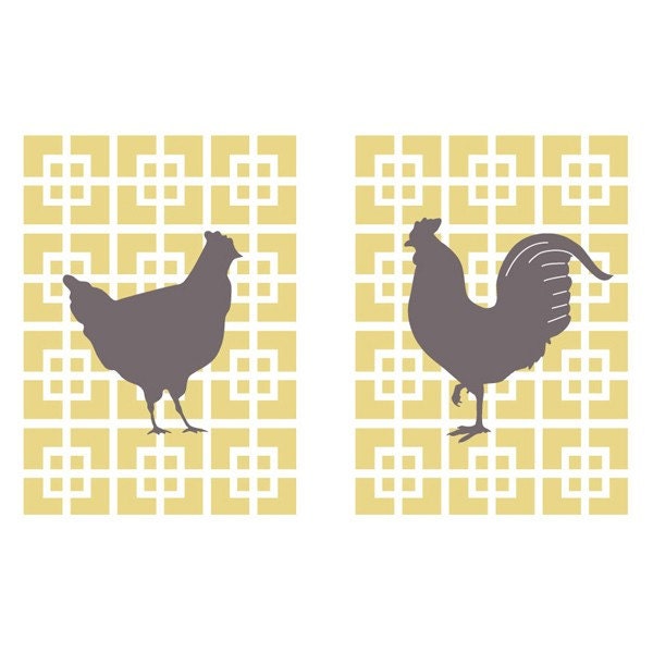 Hen and Rooster Set Prints (2 Prints 5x7) (Yellow and Brown) (Modern French Style)