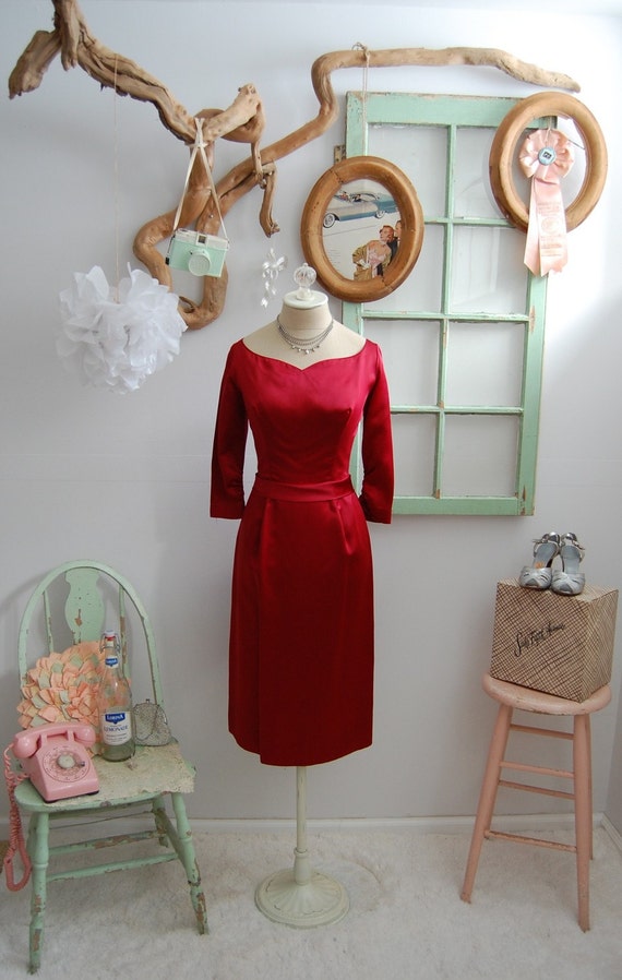 The Daphne- Vintage 1950s Red Satin Sweetheart Bustled Back Cocktail Dress Size Small