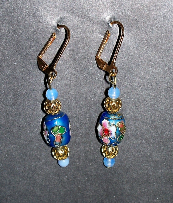 Blue cloisonne bead gold earrings