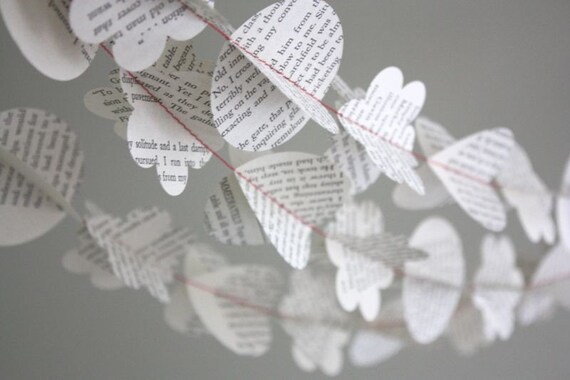 flower and circle paper garland. repurposed book. 3D - 10 ft.
