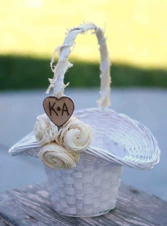 Personalized Flower Girl Basket Paper Roses and Burlap