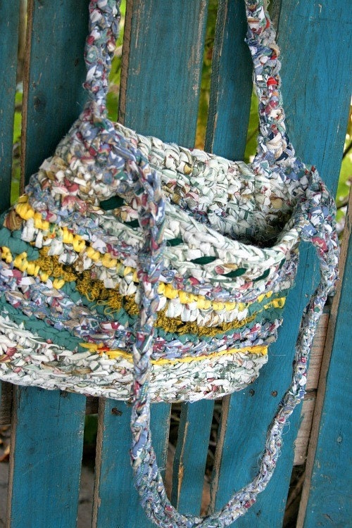 Recycled fabric green and yellow rag crochet bag with plastic bag yarn