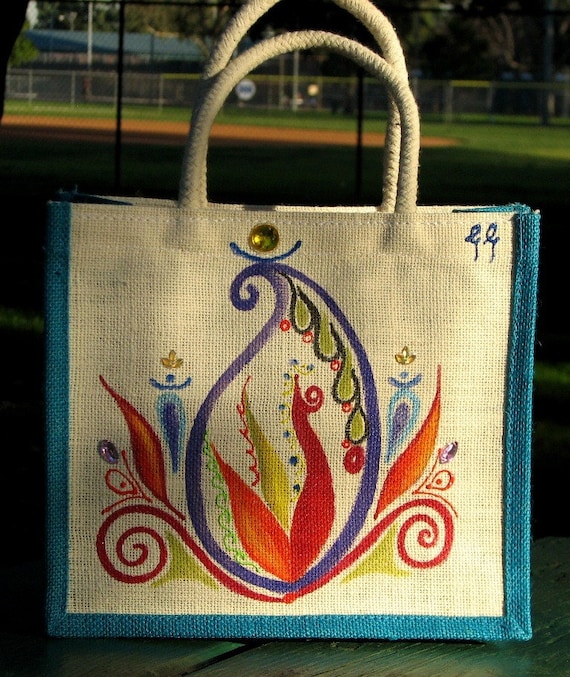 Handpainted cream and blue jute lunch bag